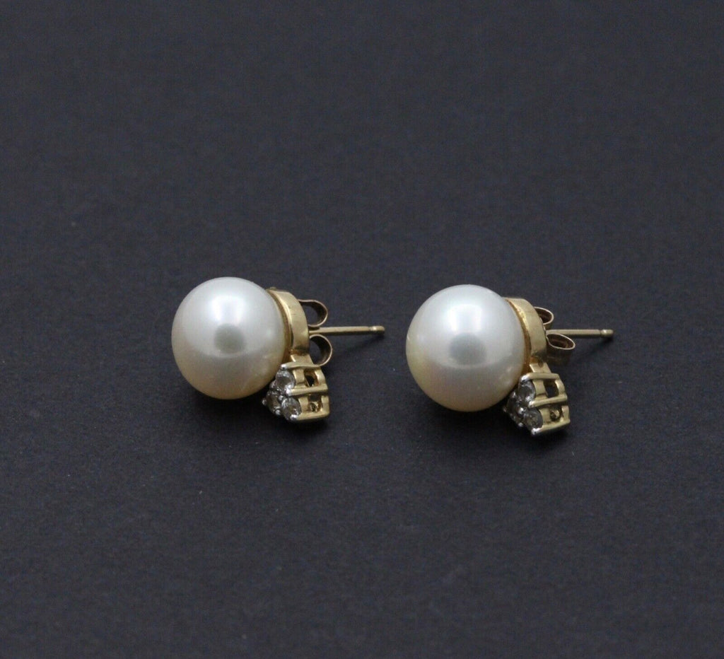 Classic 10K Yellow Gold 9.8 mm Pearl & Diamond Studs Earrings,
