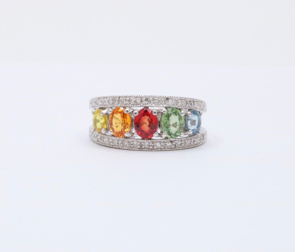 Fun Multi GemStones 14K White Gold Diamond Ring