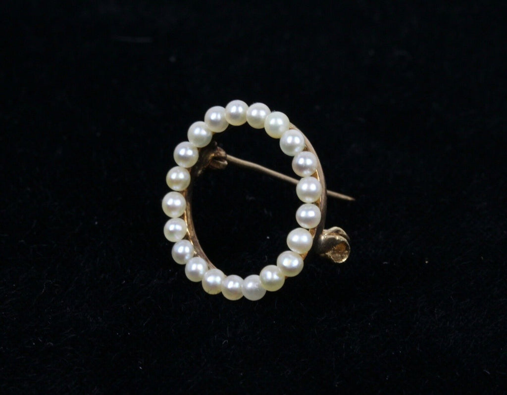 Vintage 14K Yellow Gold Seed Pearl Eternal Circle Pendant Pin