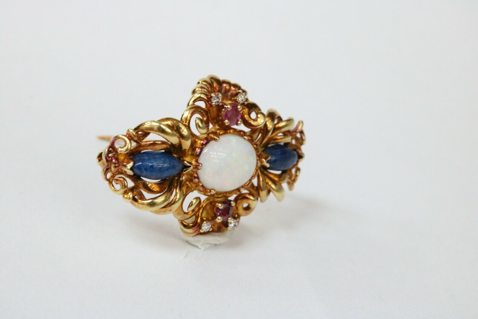 Vintage Victorian Style Opal Rubies Diamonds Sodalite 18K Yellow Gold Brooch Pin