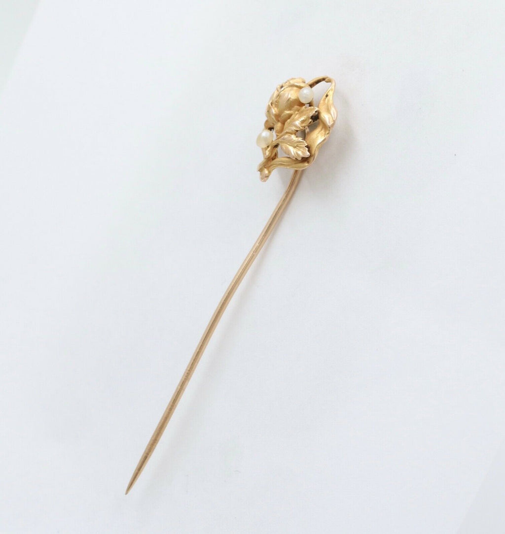 Antique Art Nouveau 10K Yellow Gold Seed Pearl Rose Stick Pin.