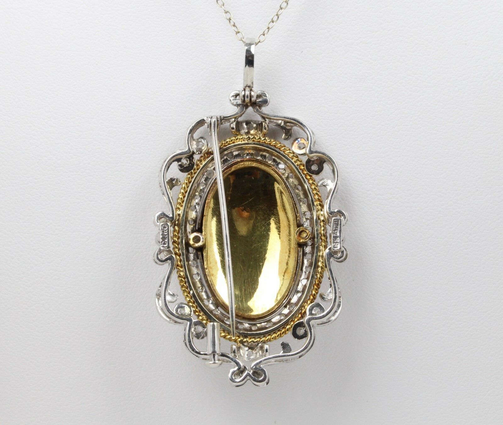 Vintage 18K Yellow Gold Italian Floral Enamel Diamond Pendant Brooch