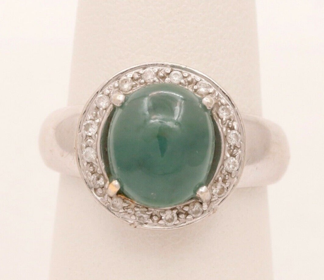 Vintage Watery Transcluscent Jade Diamonds Halo 14K White Gold Ring