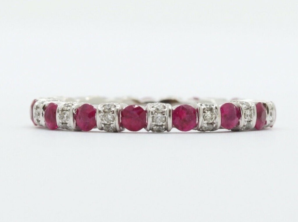 Ladies 18K White Gold Diamonds Rubies Stacking Eternity Band