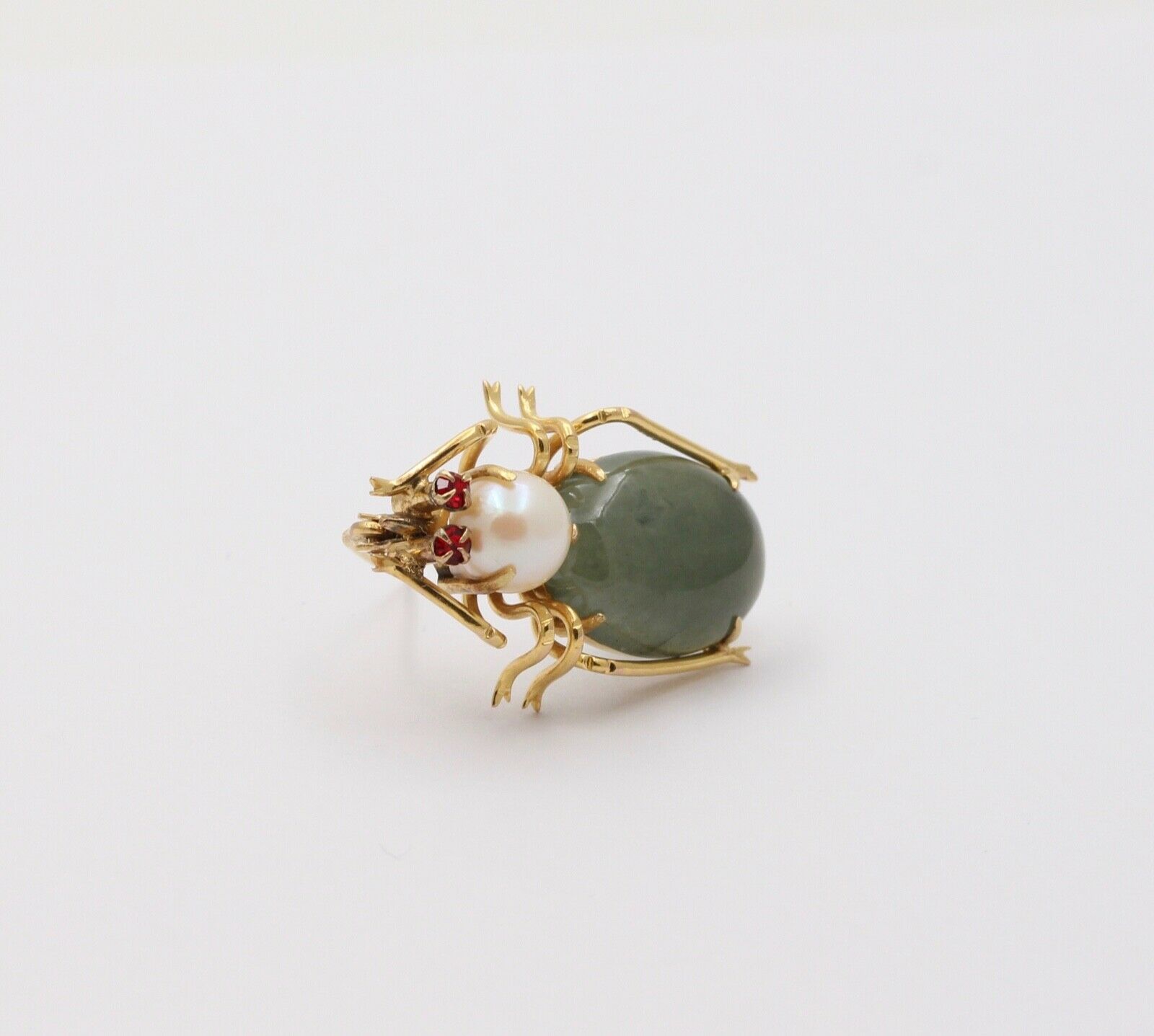 Vintage 9K Yellow Gold Spinach Jade and Pearl Beetle or Spider Brooch Pin