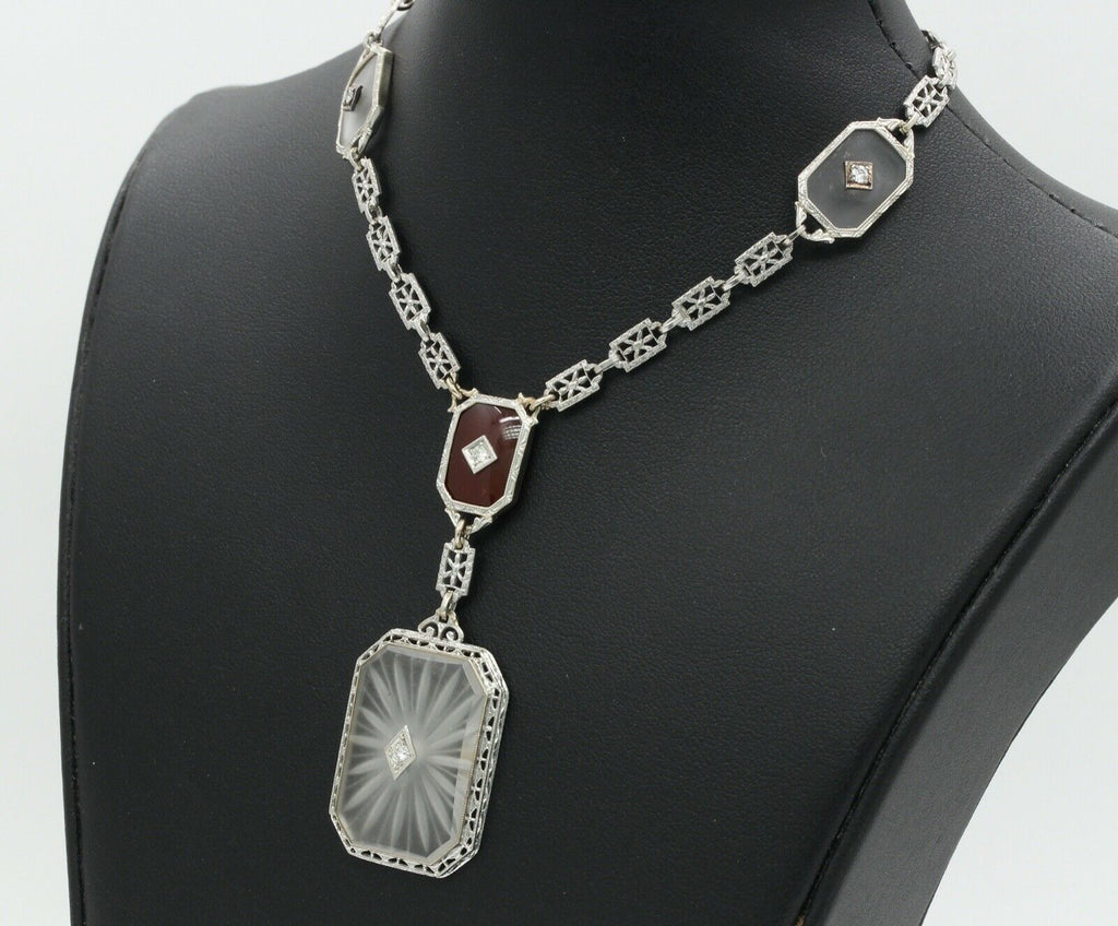 Art Deco Platinum 14K White Gold Crystal Diamonds Necklace Pendant