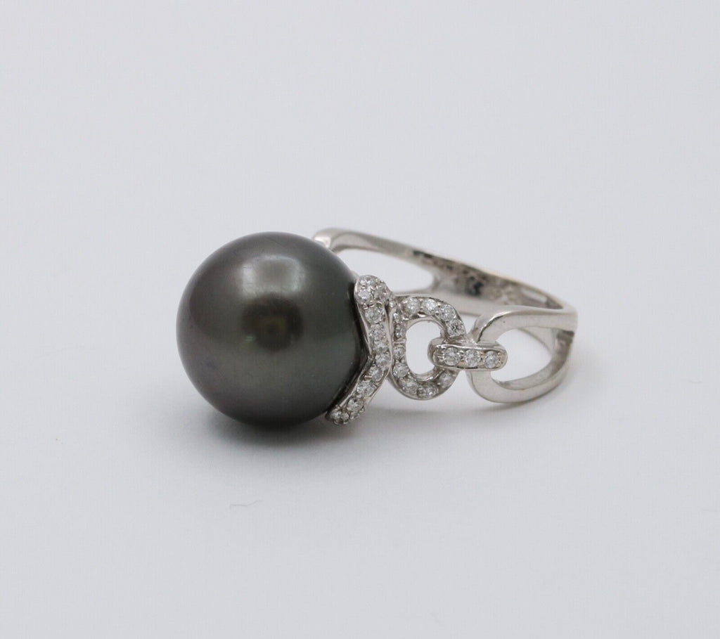Vintage Tahitian South Sea Pearl Diamonds 18K White Gold Ring