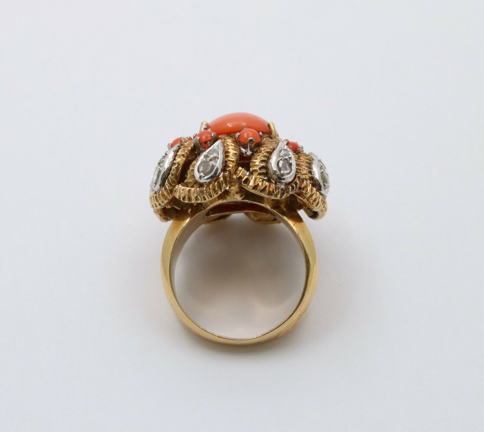 Vintage Statement Cocktail Coral Rose Cut Diamonds 18K YG WG Ring