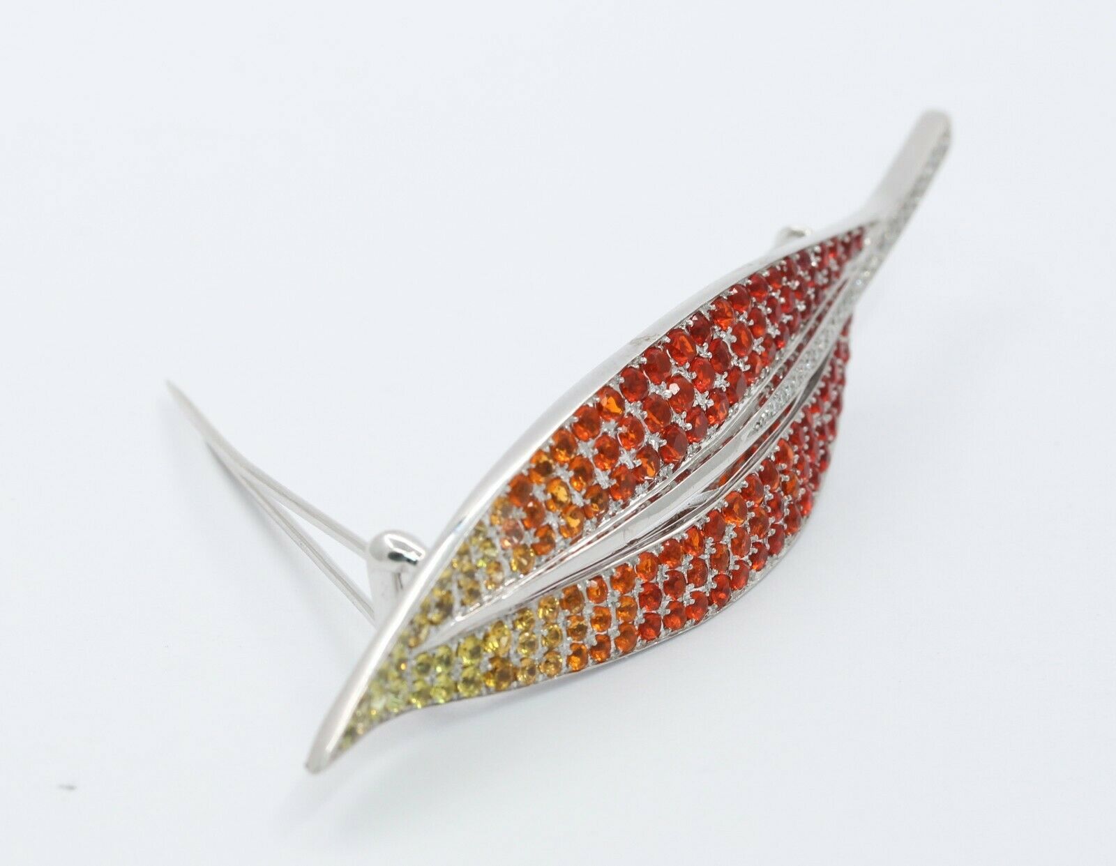 Vintage 18K White Gold Multi-Colored Sapphire Diamond Leaf Brooch