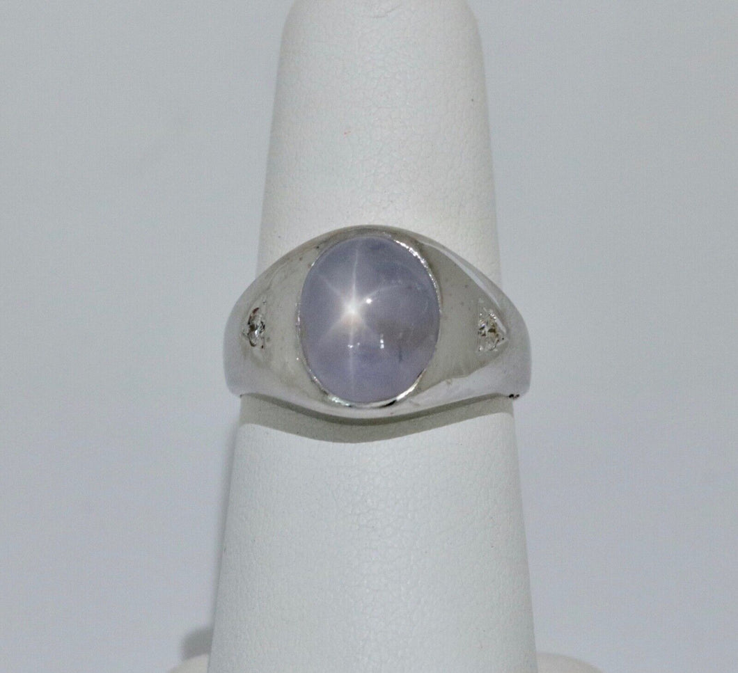 Vintage Star Sapphire Diamonds 14K White Gold Ring