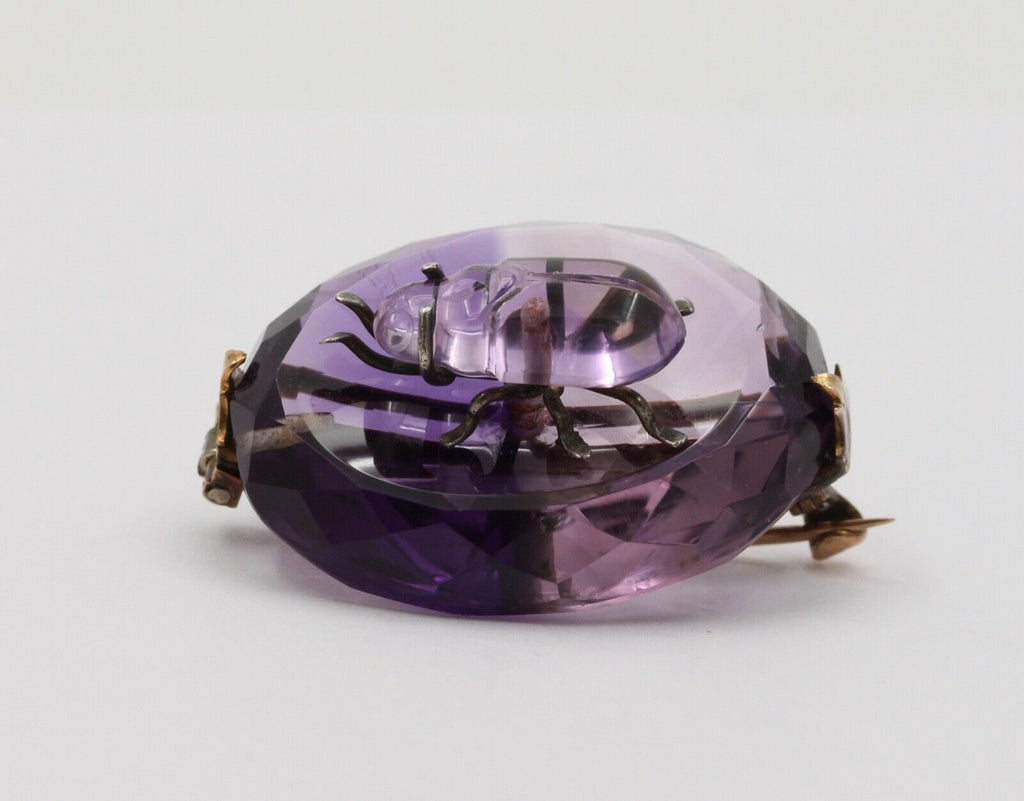 Victorian Scarab Bettle Carved Amethyst 14K yellow Gold Brooch Pin