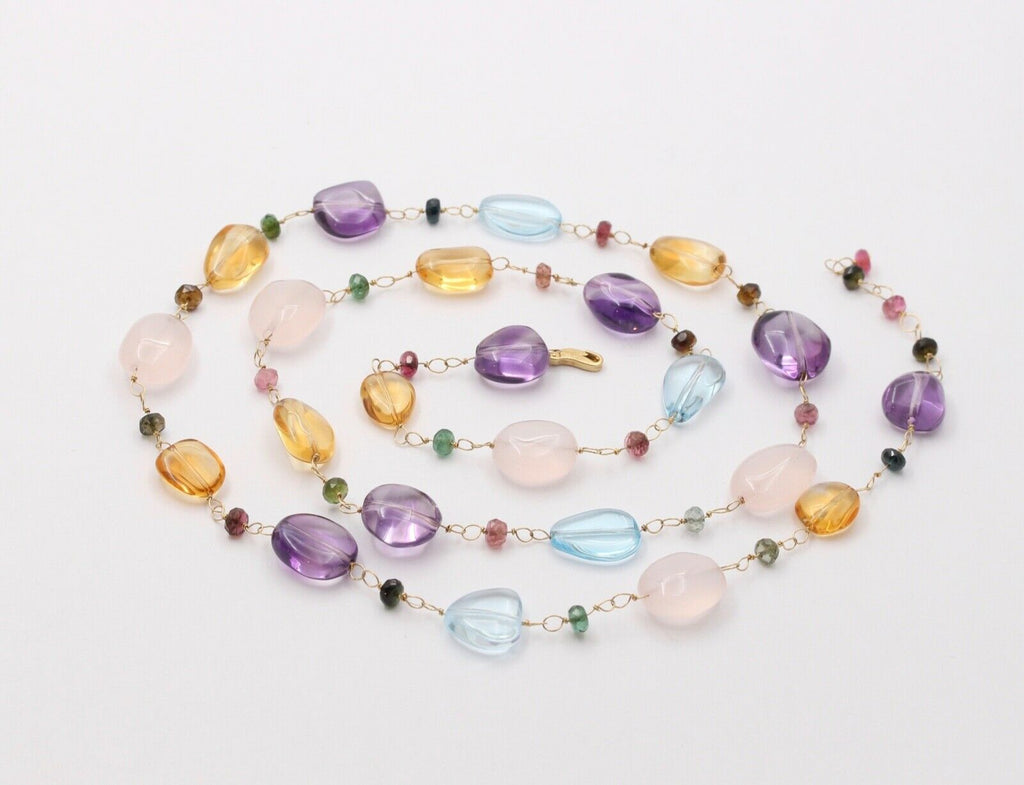 Colorful 14K Yellow Gold Beaded Multi Color Gemstone Necklace.