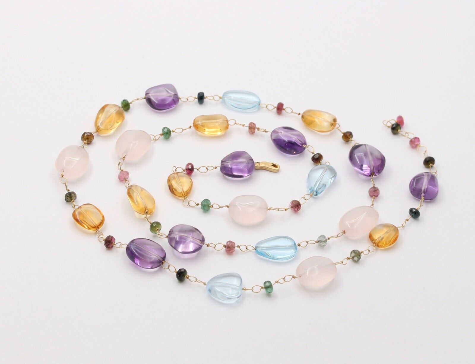 Colorful 14K Yellow Gold Beaded Multi Color Gemstone Necklace.
