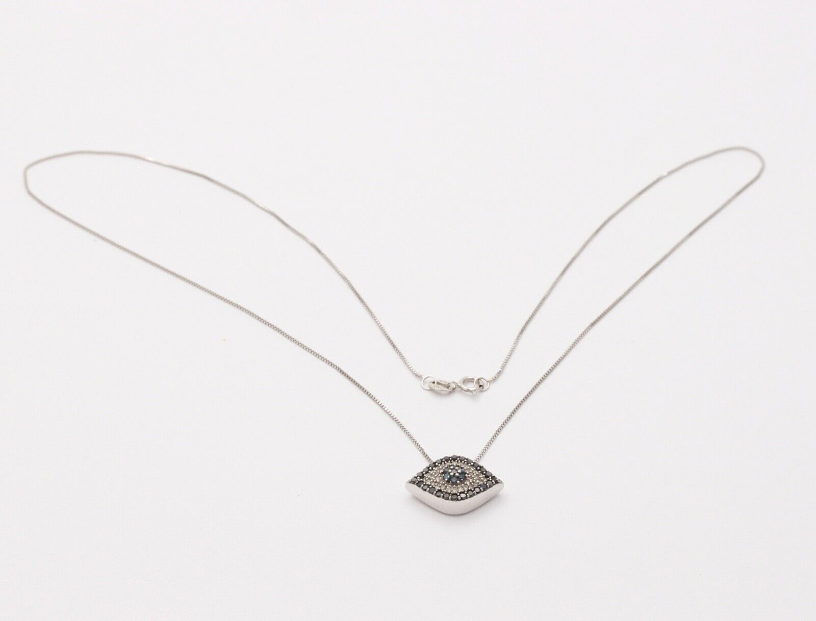 Beautiful Evil Eye Apotropaic Diamonds Sapphires 14K White Gold Pendant & Chain