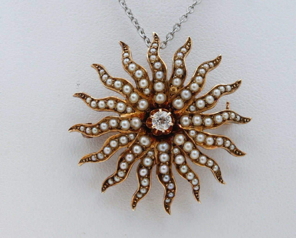 Victorian Shreve and Co Starburst 14K Yellow Gold Diamond Seed Pearls Brooch Pin