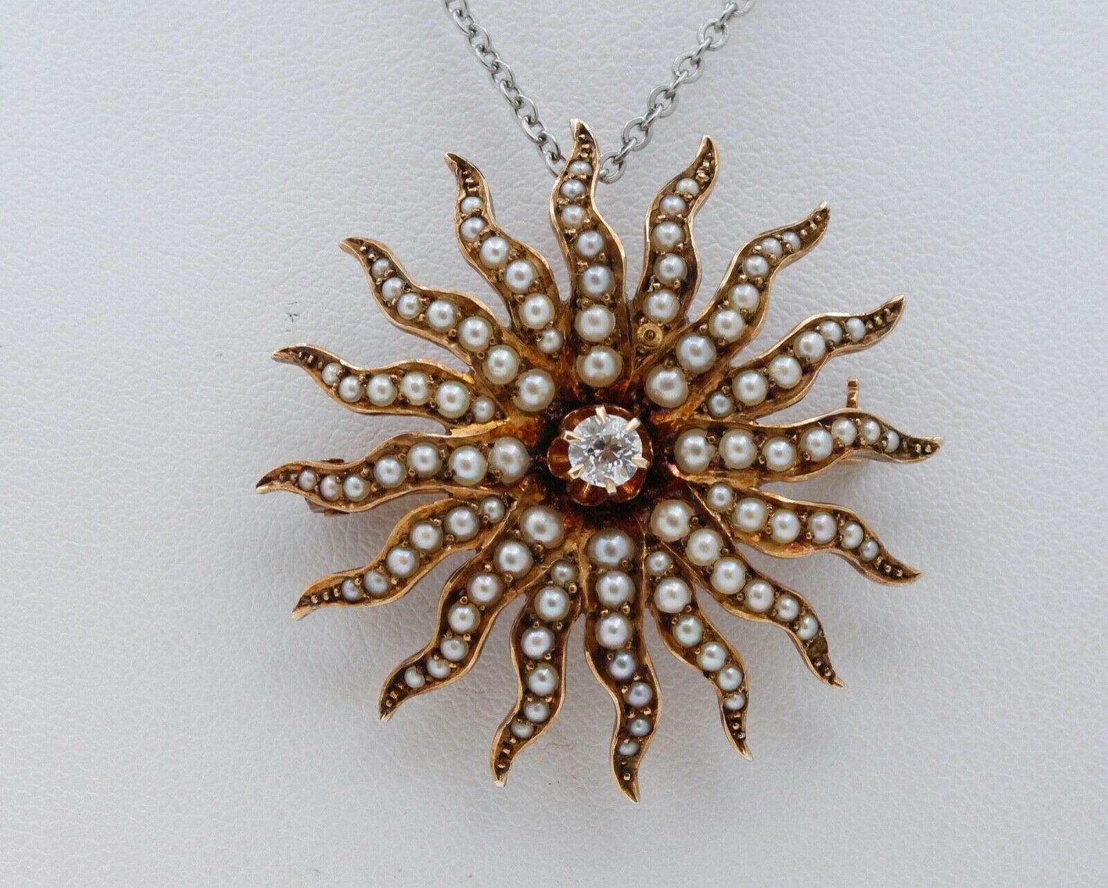 Victorian Shreve and Co Starburst 14K Yellow Gold Diamond Seed Pearls Brooch Pin