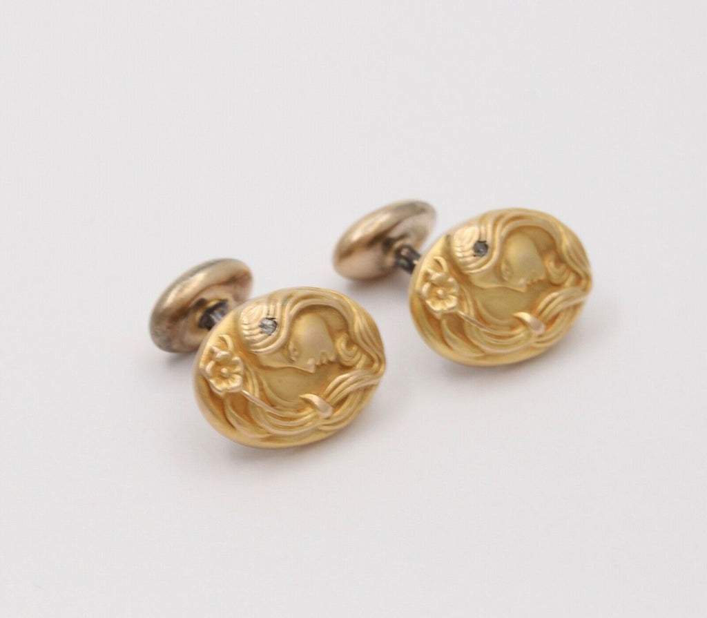 Art Nouveau Portrait Diamond 14K Yellow Gold Cufflinks