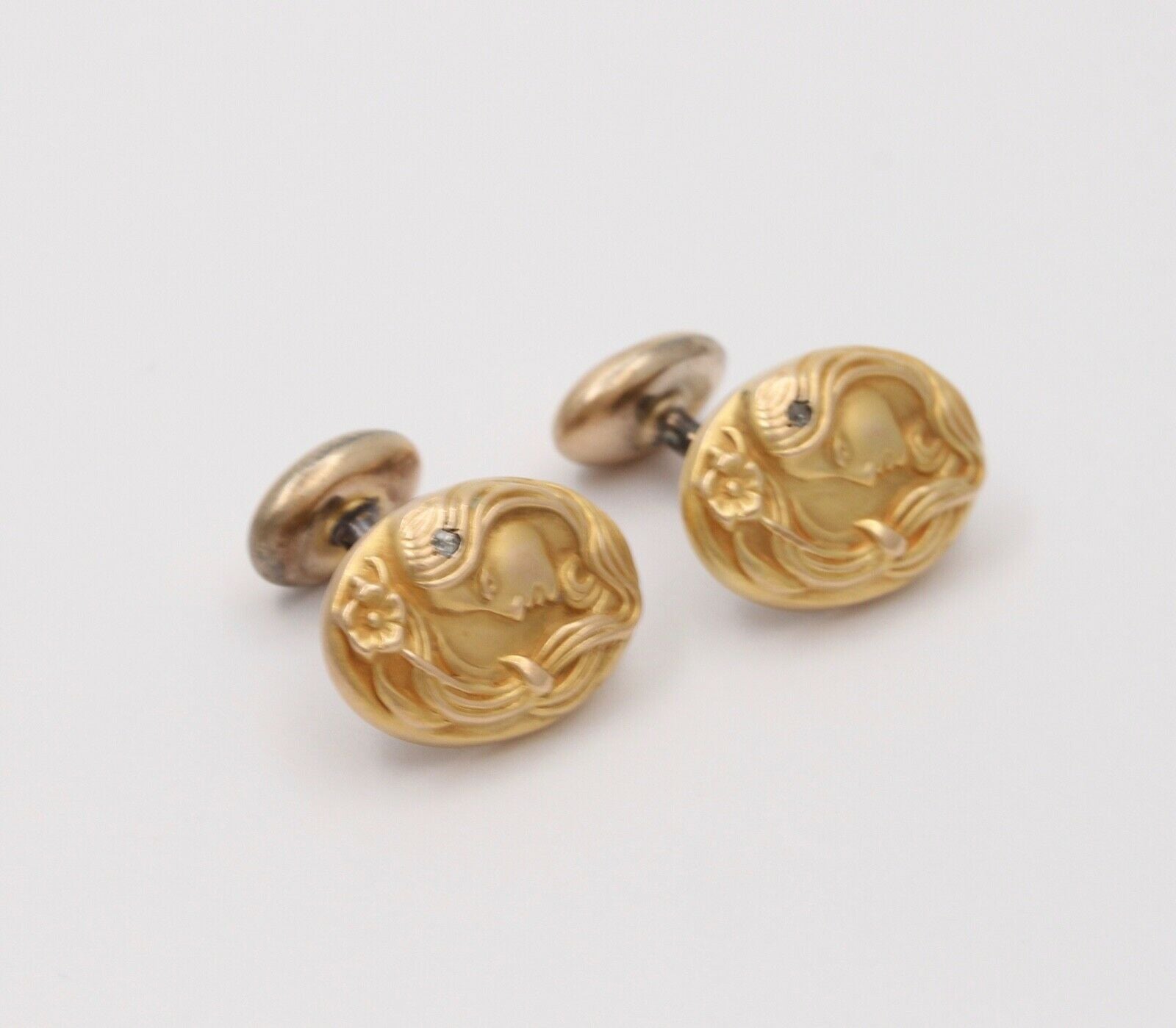 Art Nouveau Portrait Diamond 14K Yellow Gold Cufflinks