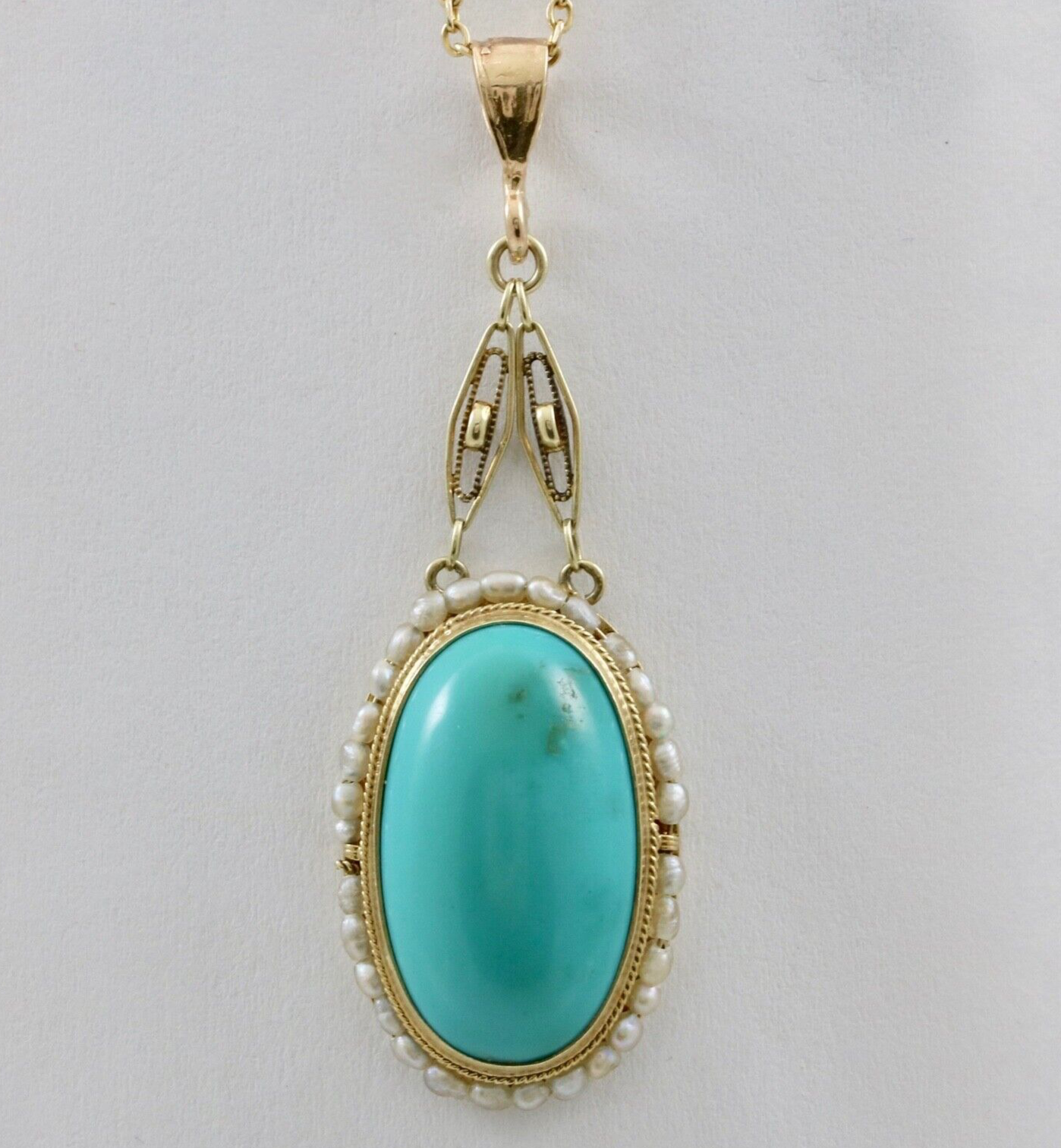 Antique 14K Yellow Gold Turquoise Pearl Seed Halo Pendant