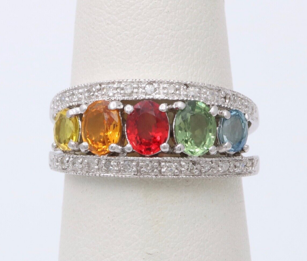 Fun Multi GemStones 14K White Gold Diamond Ring