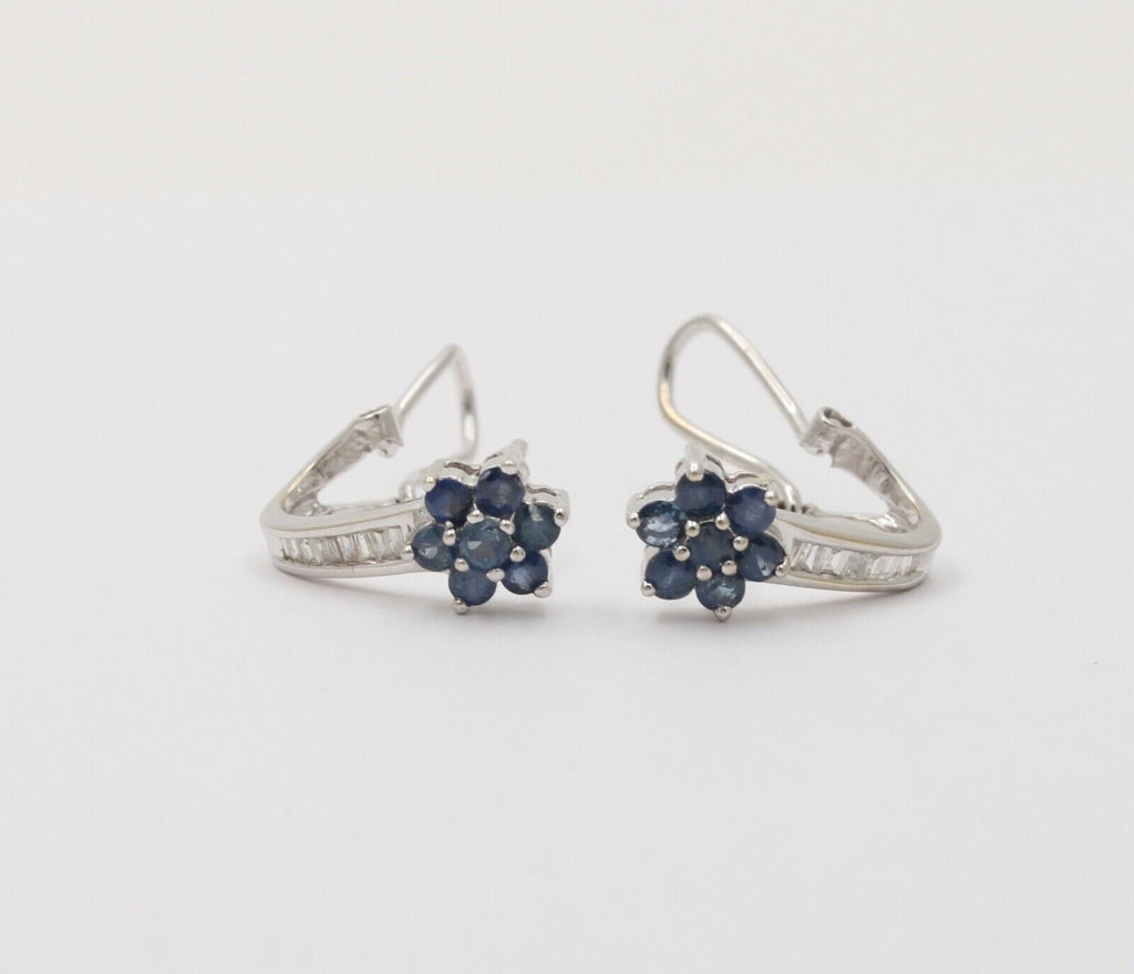 Vintage Flower Blue Sapphires Baguette Diamonds 14K White Gold Earrings