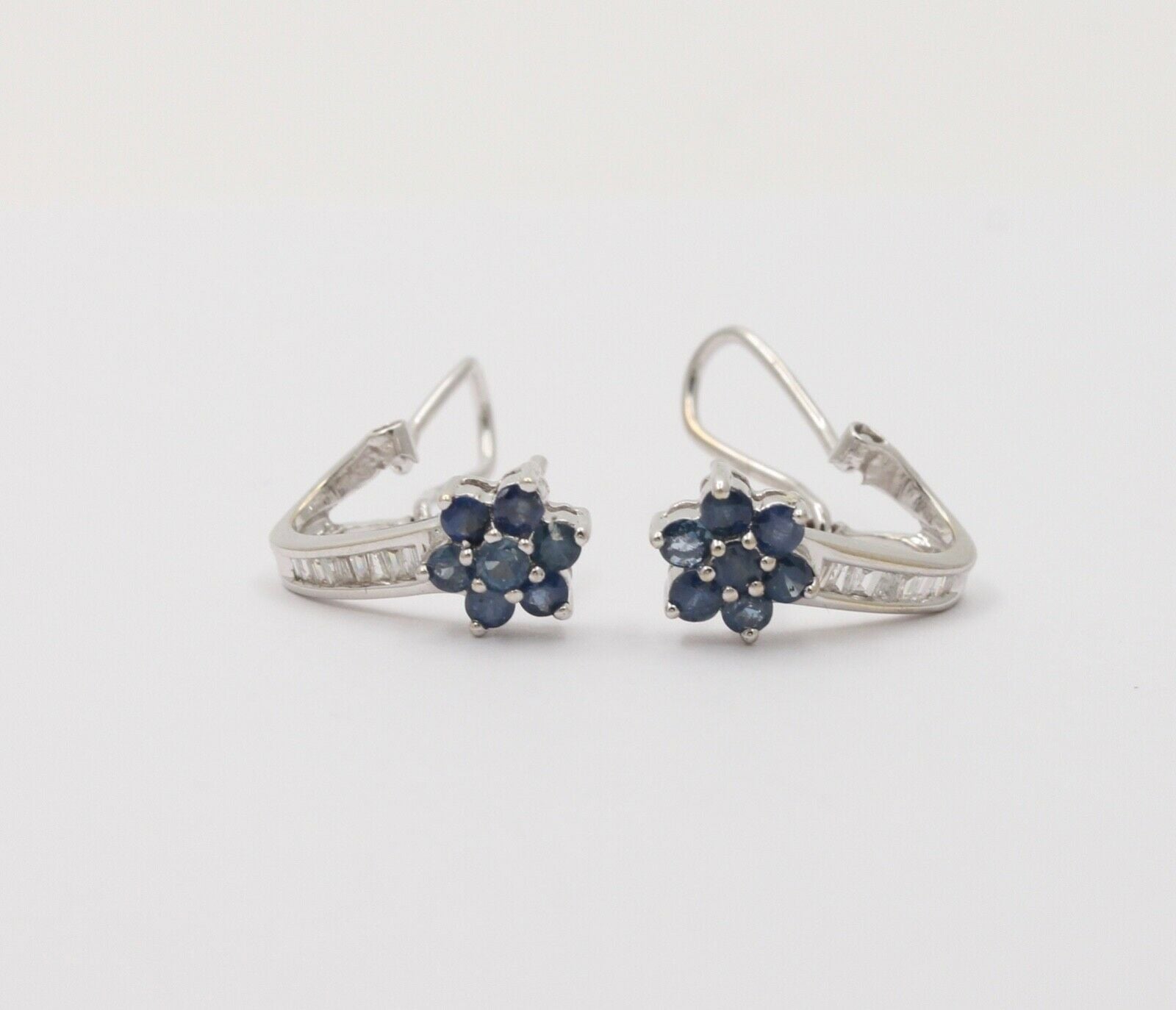 Vintage Flower Blue Sapphires Baguette Diamonds 14K White Gold Earrings