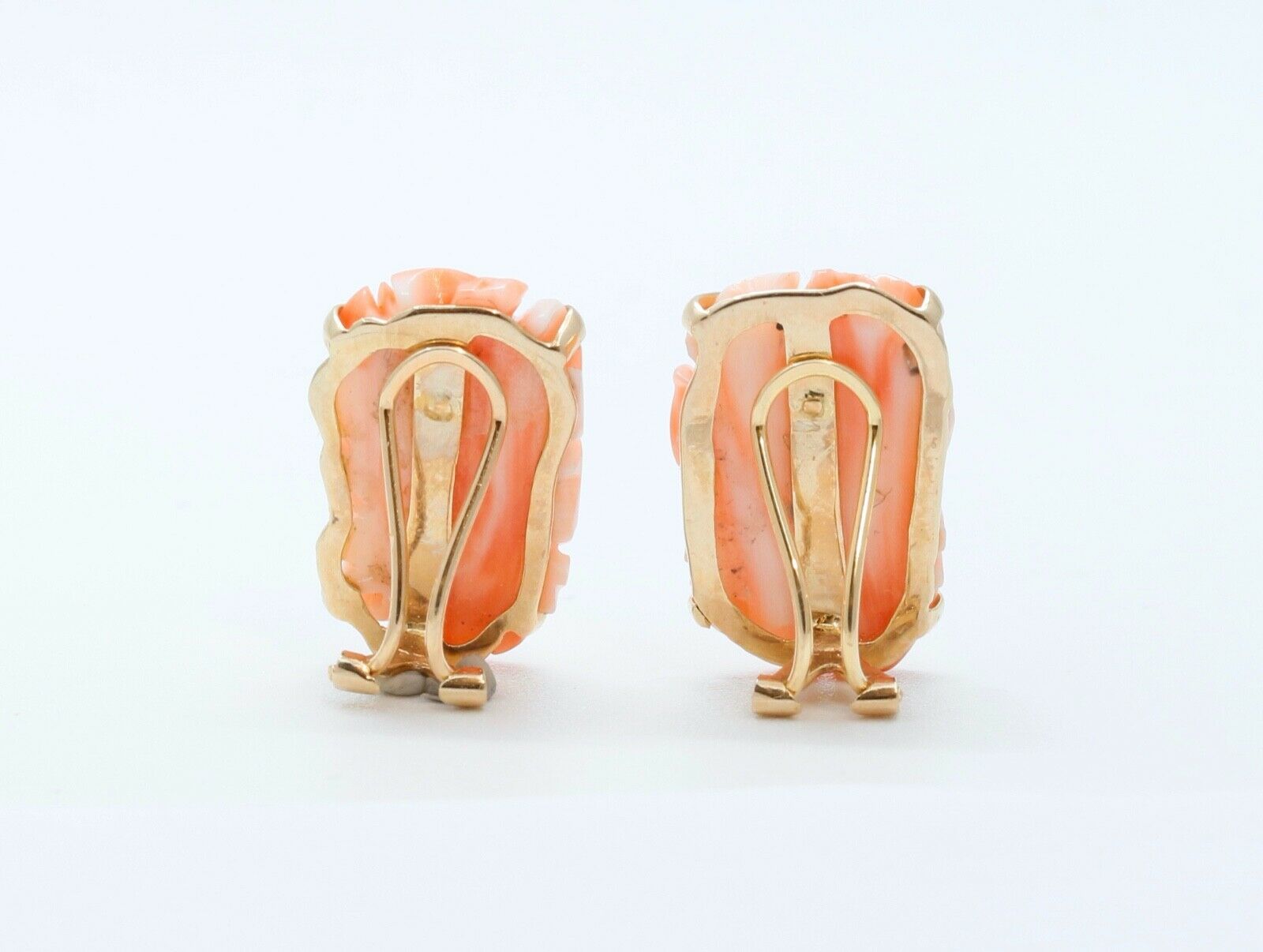 Carved Coral Flower 14K Yellow Gold Earrings