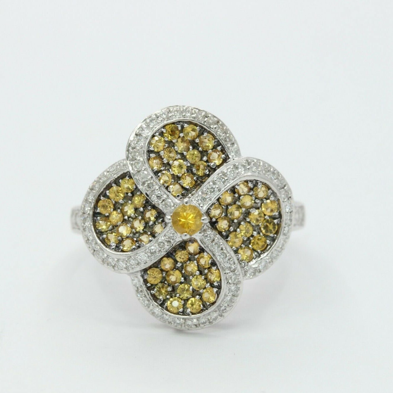 Vintage 18K White Gold Yellow & White Diamond Four Leaf Ring