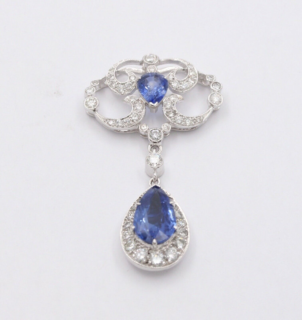 Elegant Blue Sapphires Diamonds 18K White Gold Pendant