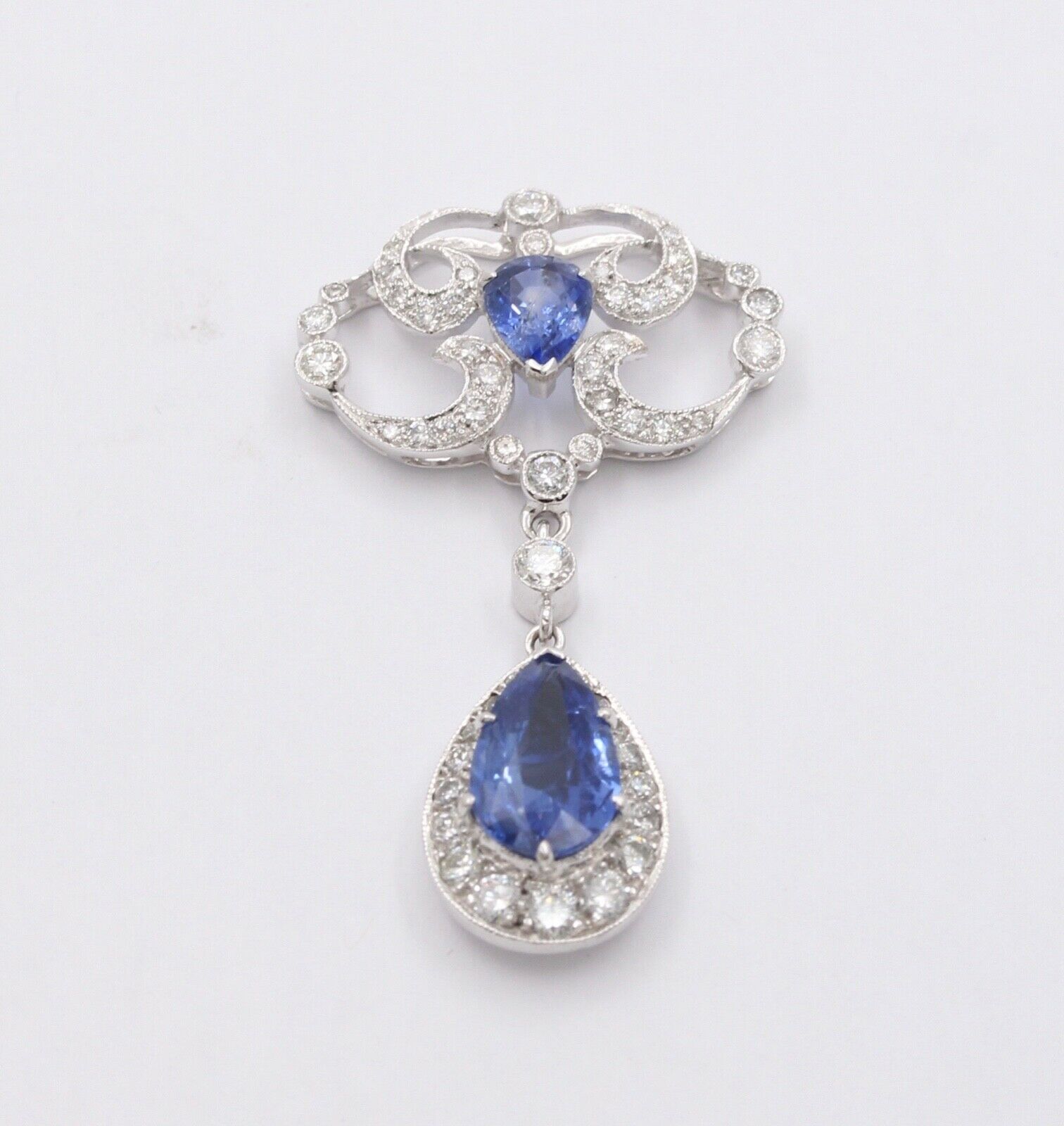 Elegant Blue Sapphires Diamonds 18K White Gold Pendant