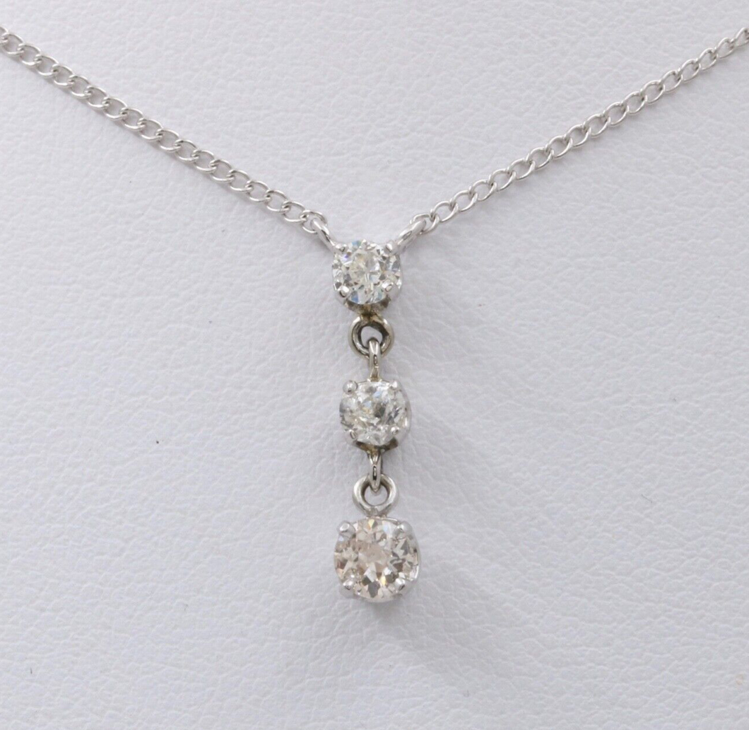 Vintage 14K White Gold Three Diamond Pendant, Necklace