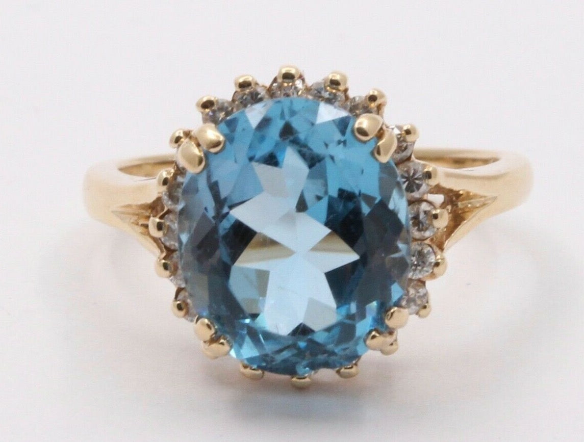 Vintage 14K Yellow Gold Blue Topaz Diamond Cocktail Ring