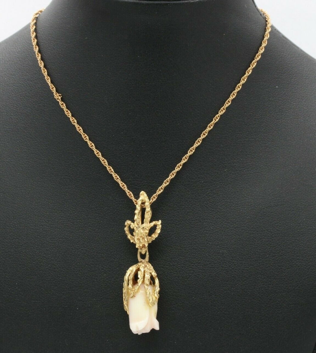 Victorian 14K Yellow Gold Angel Skin Coral Flower Carving Pendant with Chain