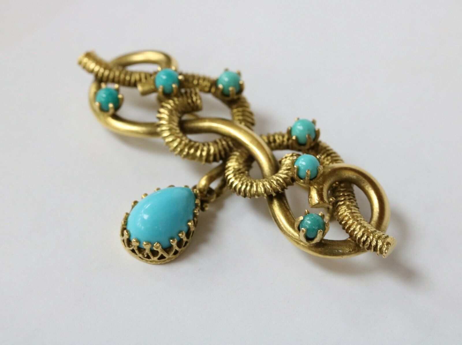 Antique Victorian Hand Crafted 14K Yellow Gold Turquoise Brooch