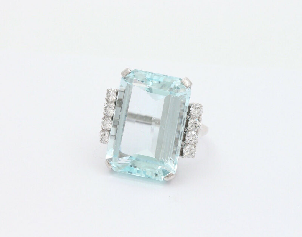 Huge Vintage 14K White Gold 26 Carat Aquamarine Diamond Statement Ring