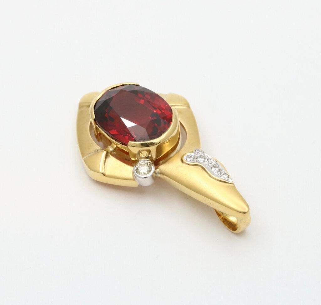 Vintage Funky 18K Gold Certified Large Spessartite Garnet & Diamond Pendant