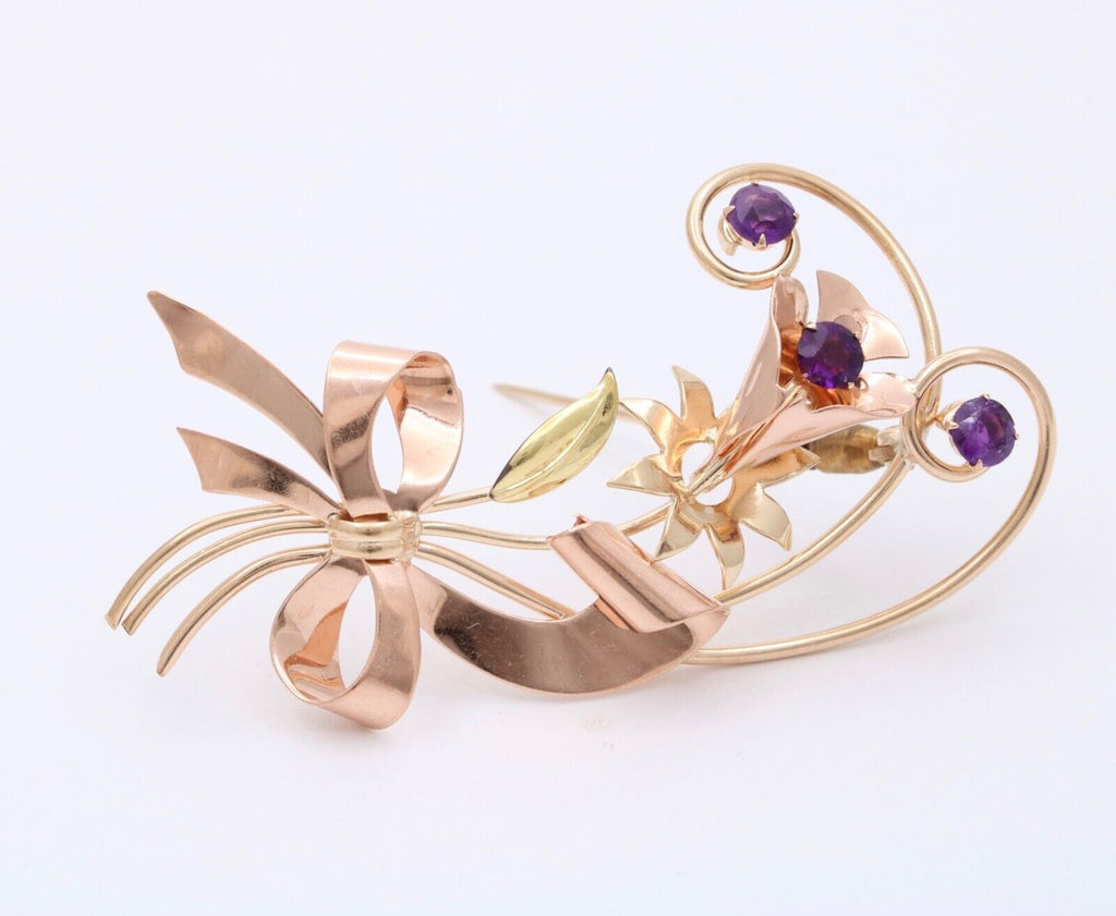 Vintage 10K Rose & Yellow Gold Amethyst Flower Bouquet Brooch Pin
