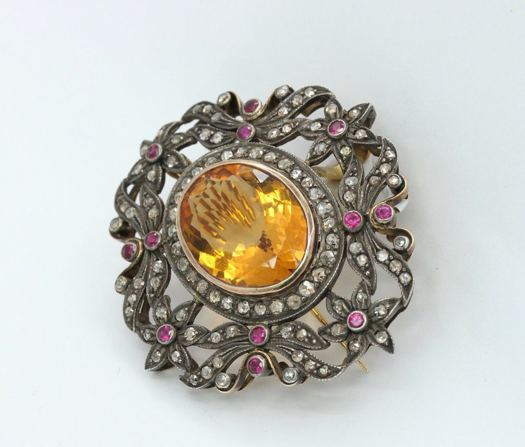 Victorian Revival 18K 14K 925 Citrine Diamonds Rubies Brooch Pendant
