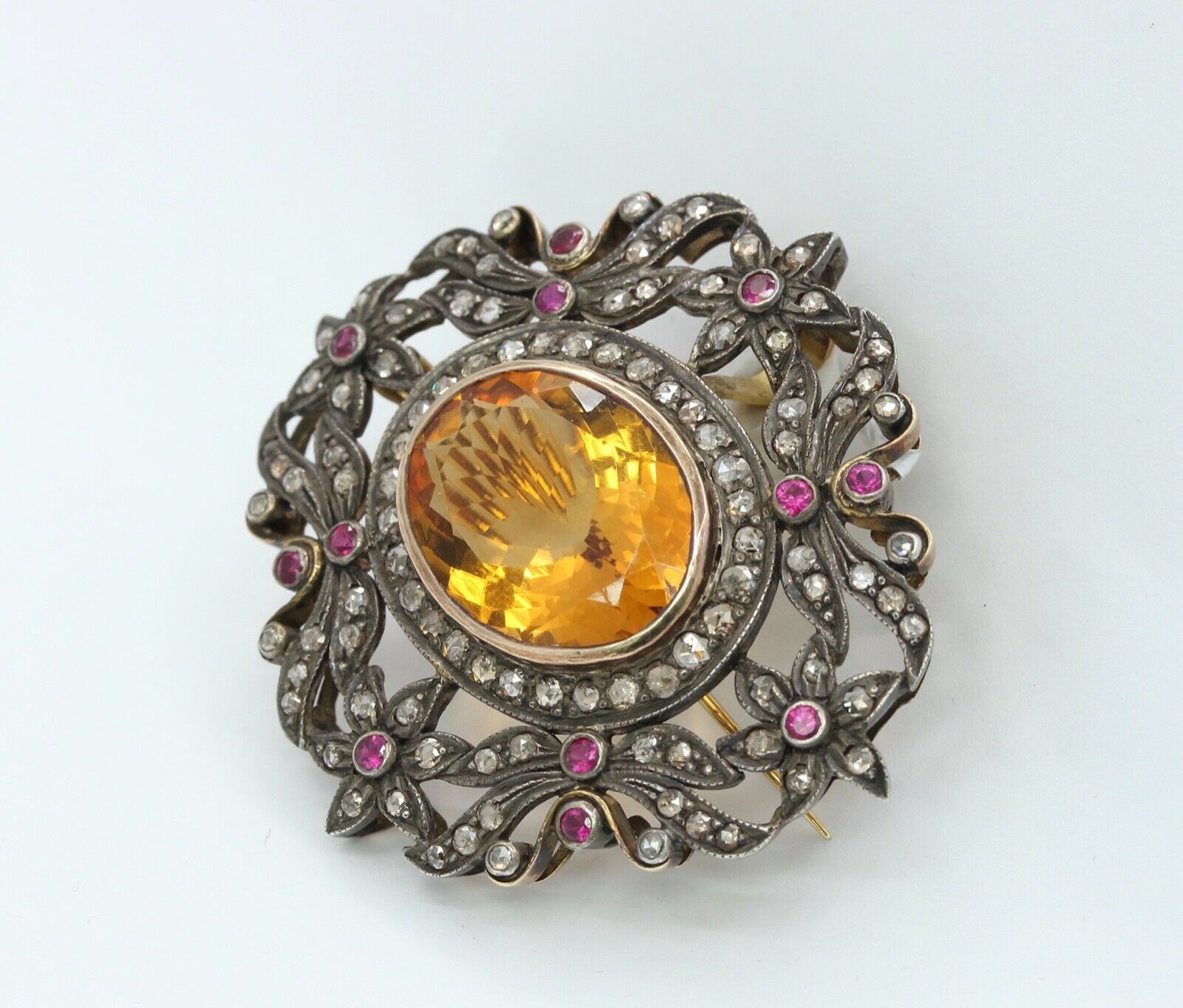 Victorian Revival 18K 14K 925 Citrine Diamonds Rubies Brooch Pendant