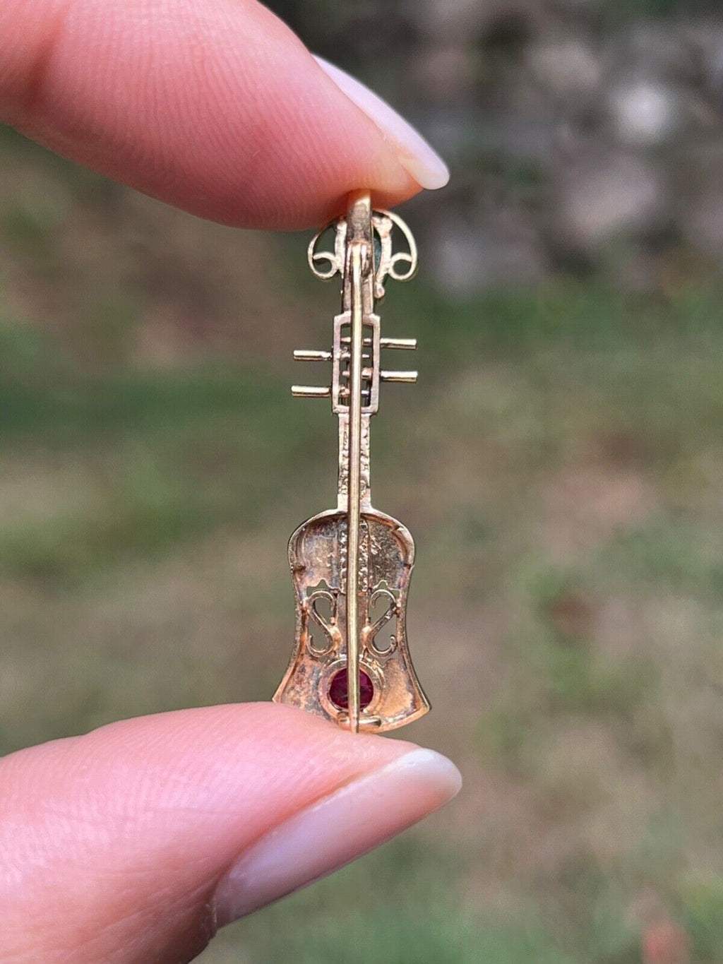 Vintage 18K Yellow Gold Chrysoprase & Pink Tourmaline Chinese Ukulele , Guitar B