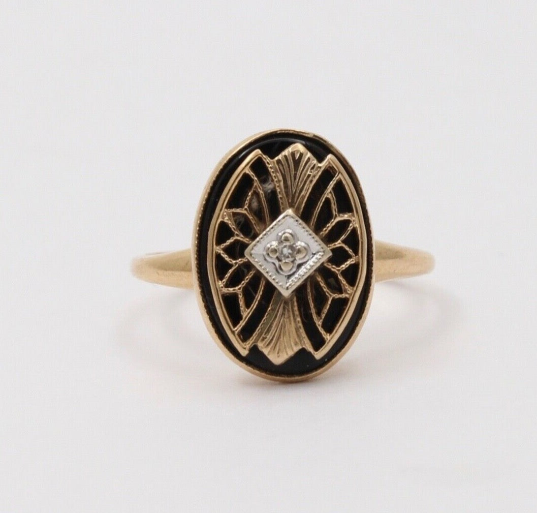 Art Deco PSCO Diamond Onyx 10K Yellow white Gold Ring
