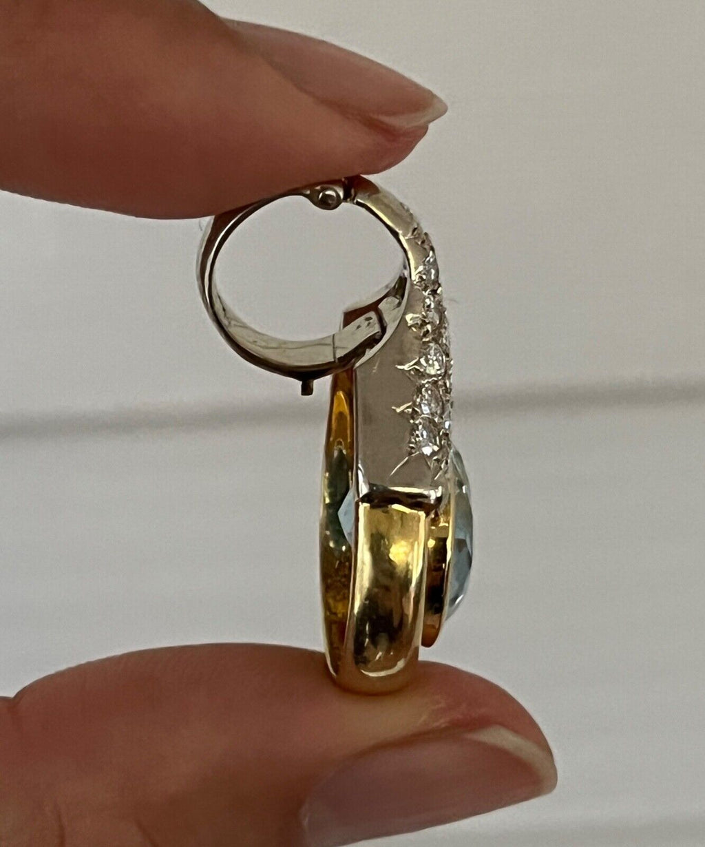 Vintage 18K Yellow Gold Blue Topaz and Diamond Pendant