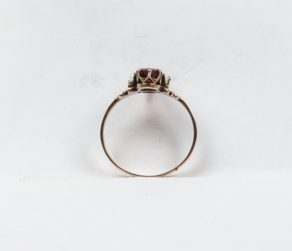 Rare Beautiful Victorian Ruby Seed Pearl 9K Rose Gold Ring