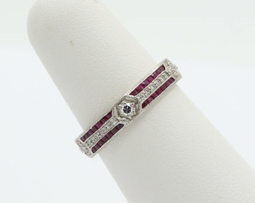 Ladies 18K White Gold Diamonds Rubies Stacking Eternity Band