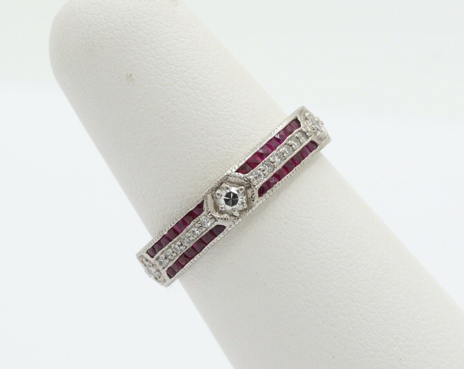 Ladies 18K White Gold Diamonds Rubies Stacking Eternity Band