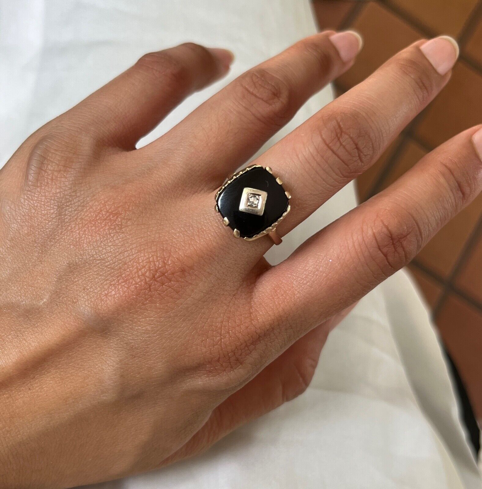Antique 14K Yellow Gold Rectangle Onyx Diamond Ring, Antique Ring
