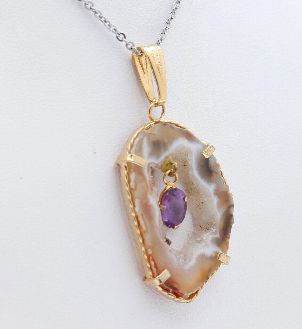 Vintage Agate Geode Crystal & Amethyst February Birthstone Pendant
