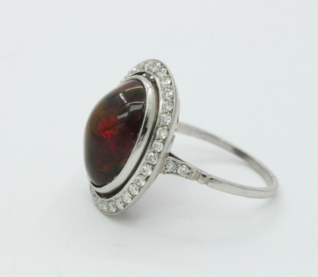 Vintage Platinum Black Australian Opal Diamond Cocktail Ring