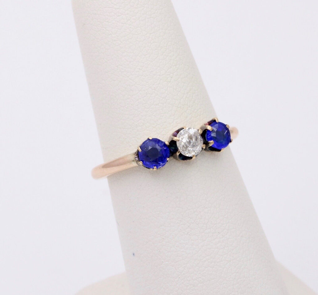 Victorian Old European Diamond Synthetic Sapphires 10K Yellow Gold Ring