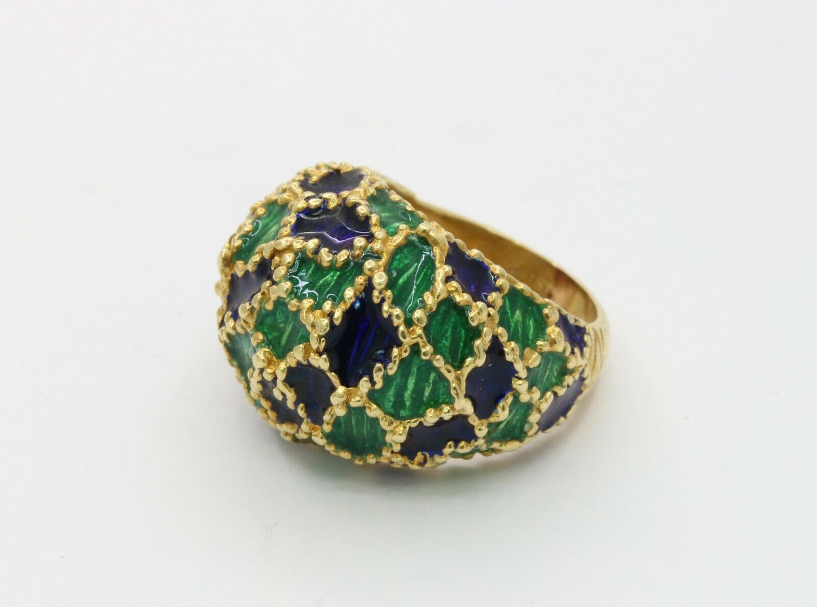 Vintage 18K Gold Blue & Green Enamel Dome Ring